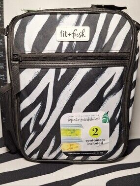 NWT Fit + Fresh Lunch Bag/Case, Zebra Stripes, Black & White, W/ 2 Containers